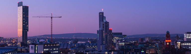 The Manchester skyline at dusk