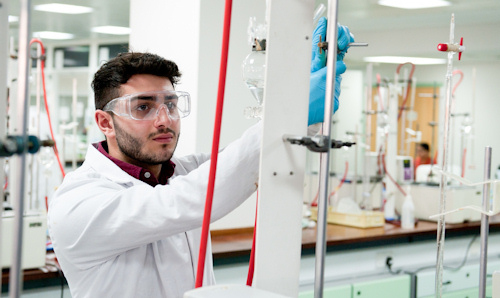 Student wearing protective goggles