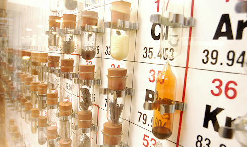 Physical periodic table, with elements in test tubes