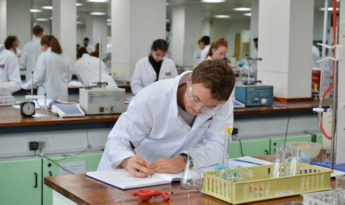 A male researcher in a lab coat with his head down writing