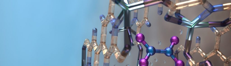 Artists impression of nitrogen dioxide molecules caught in a net-like chemical structure called MFM-520