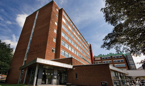 External view of the Chemistry Building taken from low down against a blue sky